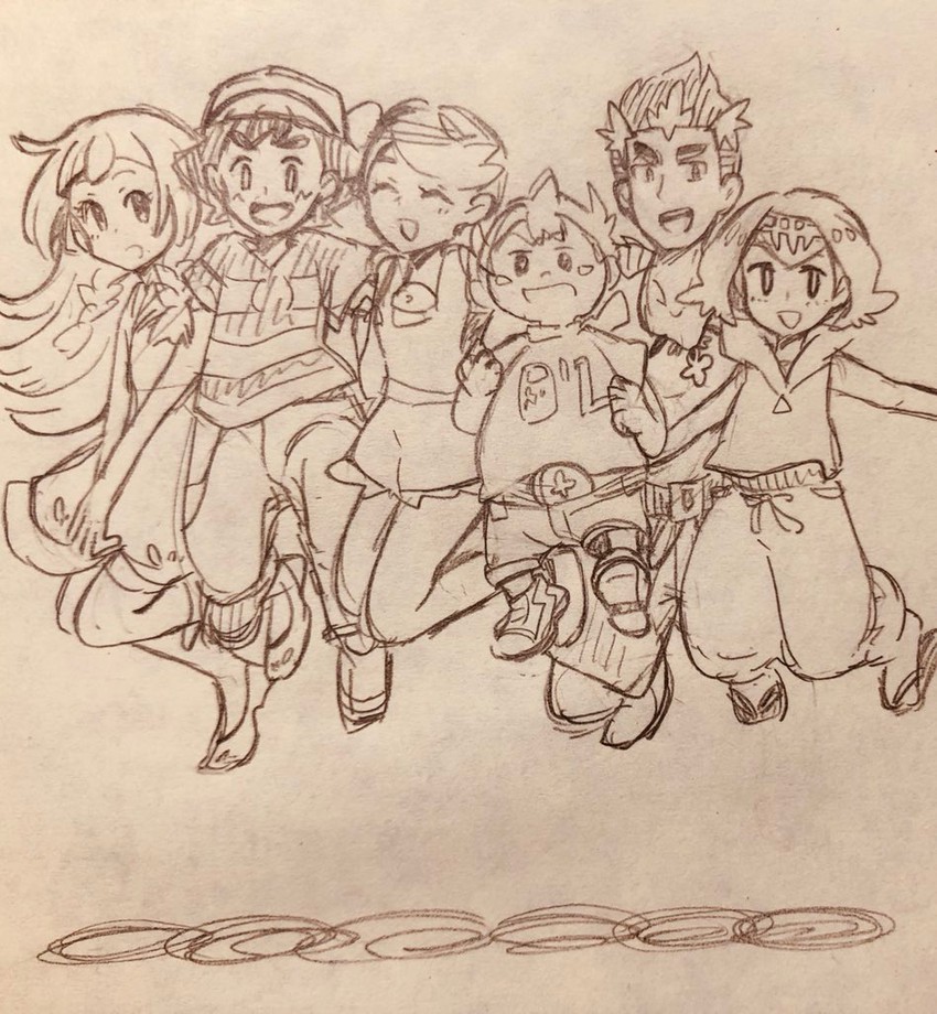 lillie, ash ketchum, lana, mallow, kiawe, and 1 more (pokemon and 1 more) drawn by shintama