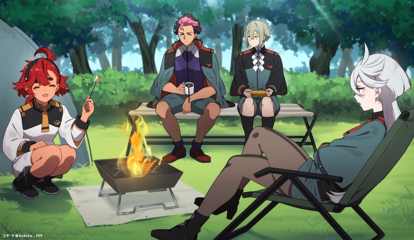 suletta mercury, miorine rembran, guel jeturk, and elan ceres (gundam and 1 more) drawn by takeko_spla
