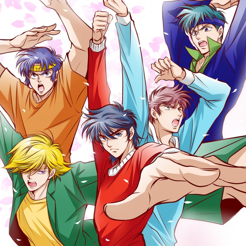 sanada ryou, mouri shin, hashiba touma, date seiji, and shue rei fuan (yoroiden samurai troopers) drawn by sisido_(black_candy)