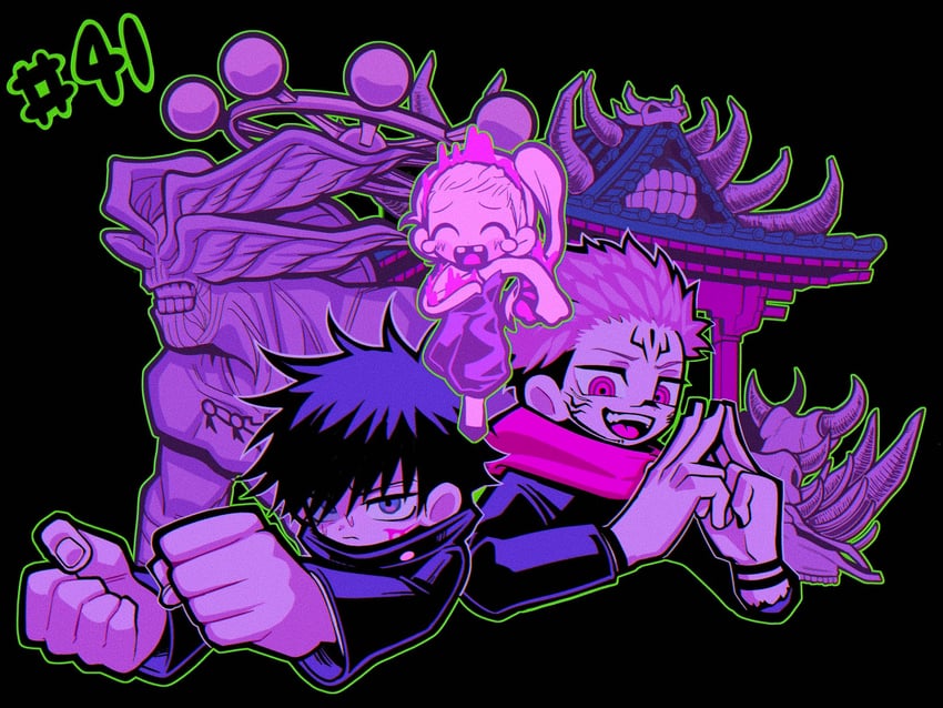 itadori yuuji, fushiguro megumi, ryoumen sukuna, mahoraga, and shigemo haruta (jujutsu kaisen) drawn by inuo2772