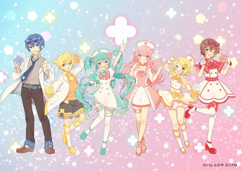 hatsune miku, kagamine rin, kagamine len, megurine luka, kaito, and 1 more (vocaloid) drawn by xpo917
