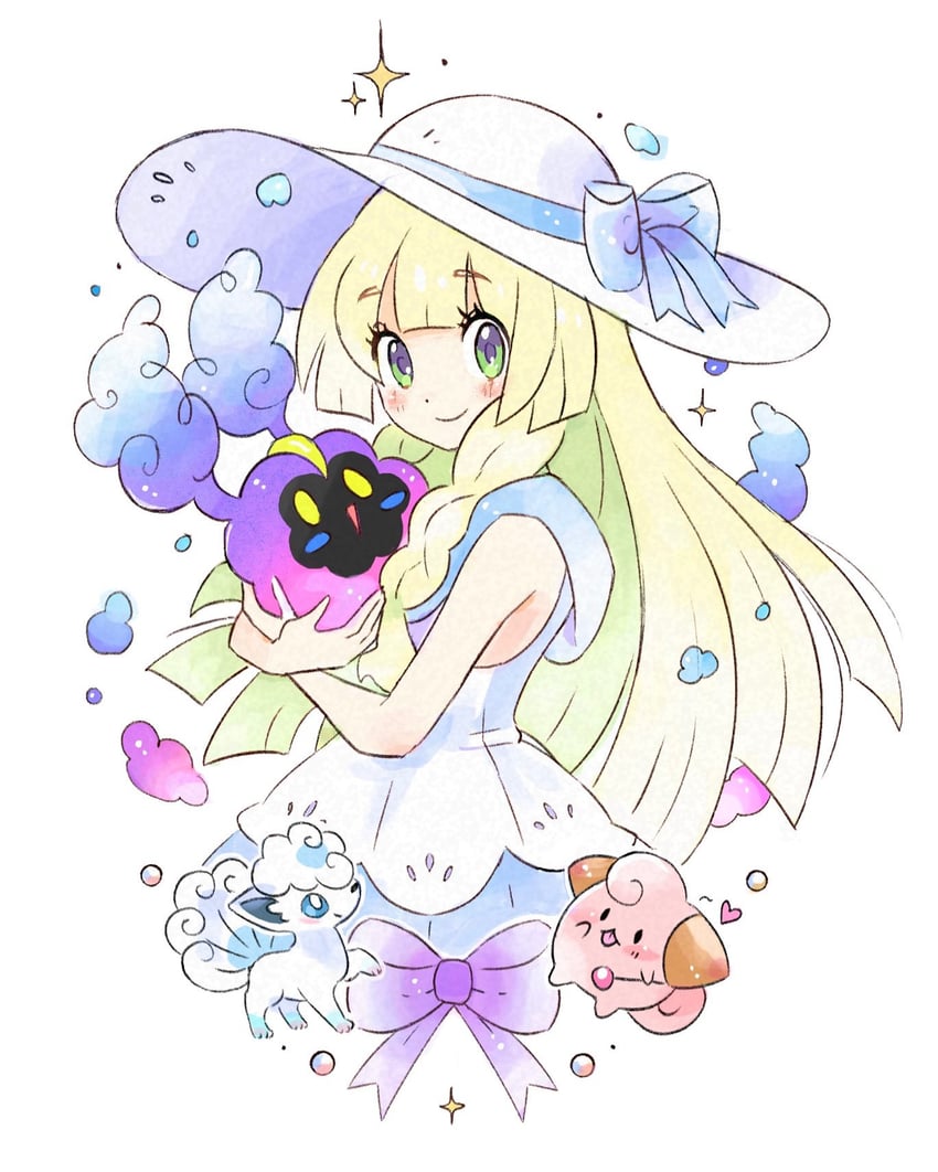 lillie, alolan vulpix, cosmog, and cleffa (pokemon and 1 more) drawn by carrutsoup