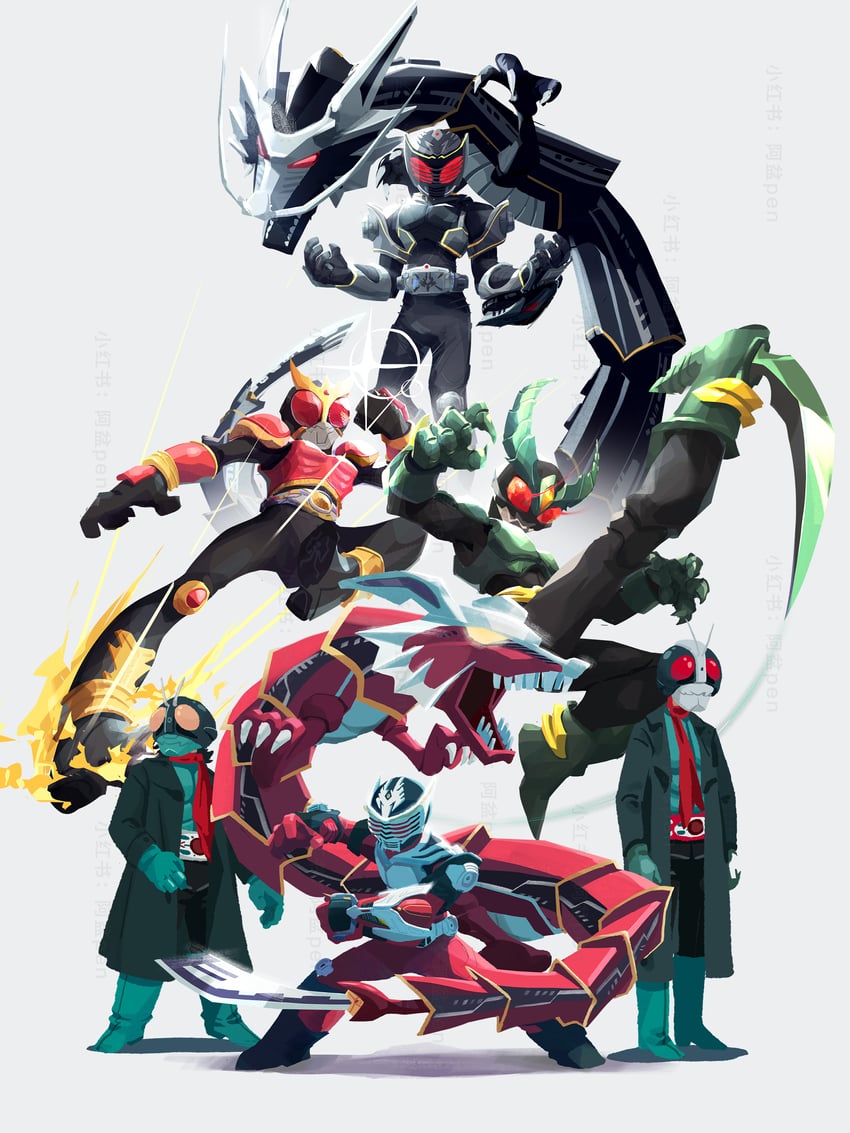 kamen rider kuuga, kamen rider 1, kamen rider ryuki, kamen rider 2, dragreder, and 3 more (kamen rider and 4 more) drawn by penpenhuihui