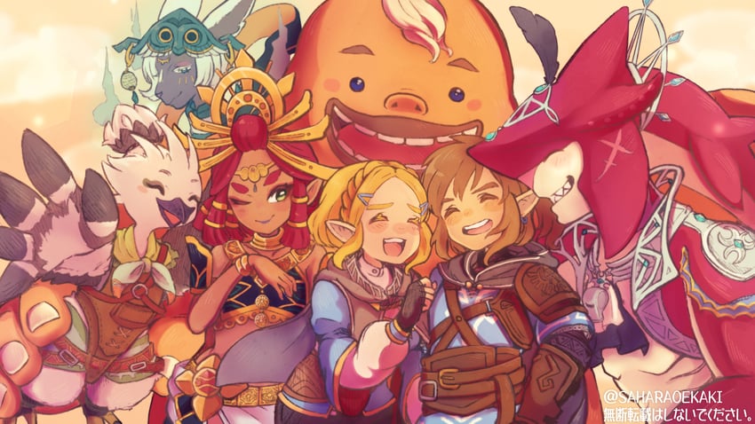 link, princess zelda, sidon, riju, tulin, and 2 more (the legend of zelda and 1 more) drawn by saharaoekaki