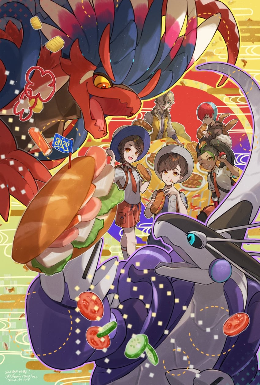 juliana, florian, nemona, arven, penny, and 2 more (pokemon and 1 more) drawn by youmicitrustea