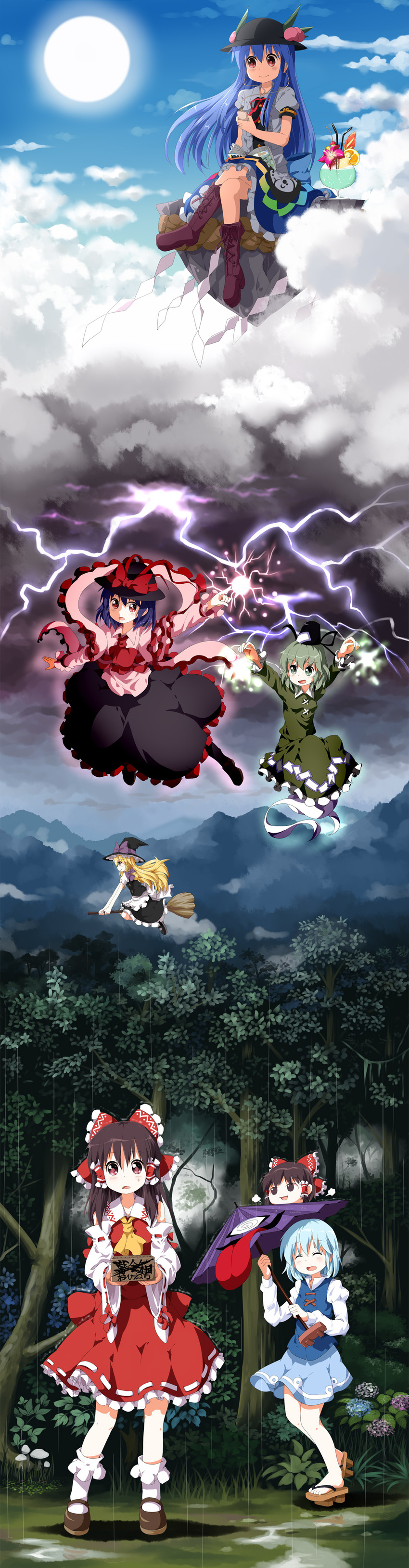 hakurei reimu, kirisame marisa, tatara kogasa, hinanawi tenshi, nagae iku, and 1 more (touhou) drawn by ruu_(tksymkw)