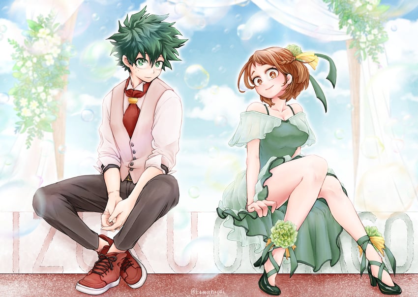 midoriya izuku and uraraka ochaco (boku no hero academia) drawn by kamochapai