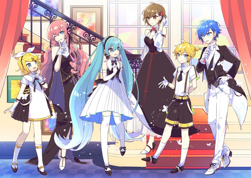 hatsune miku, kagamine rin, kagamine len, megurine luka, kaito, and 1 more (vocaloid and 1 more) drawn by yoshiki