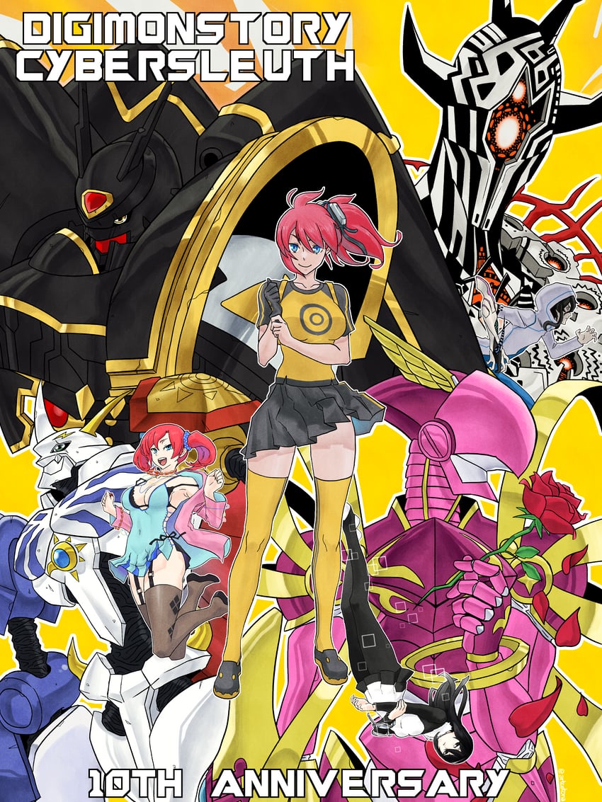 omegamon, alphamon, shiramine nokia, aiba ami, eater, and 4 more (digimon and 1 more) drawn by artcetona