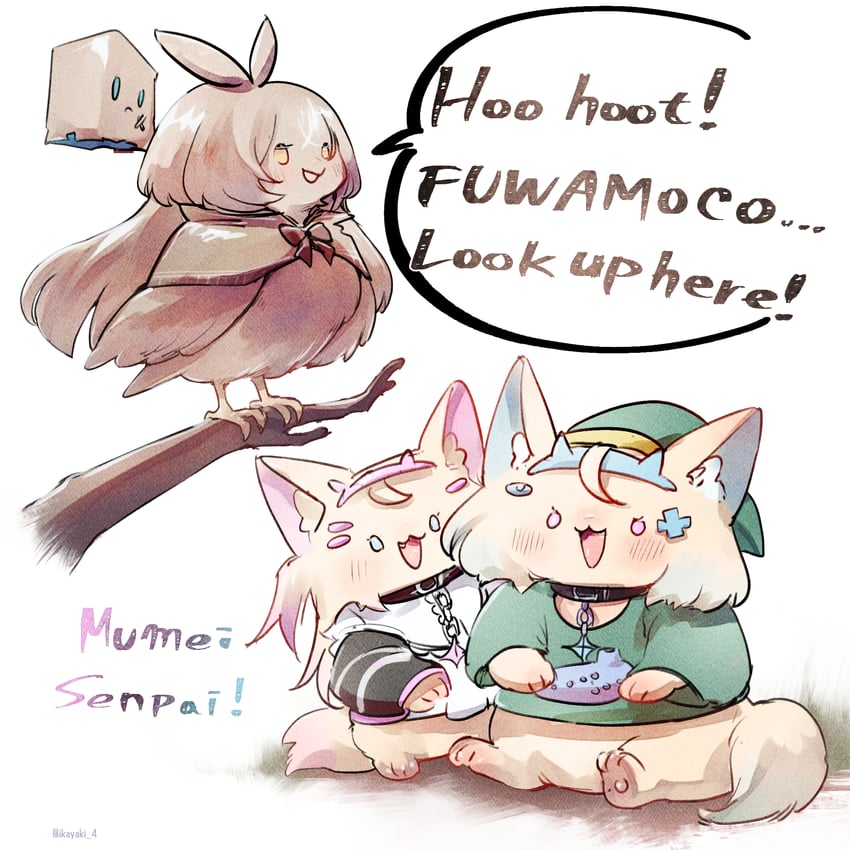 link, nanashi mumei, fuwawa abyssgard, mococo abyssgard, and friend (hololive and 3 more) drawn by ikayaki_(ikayaki4)
