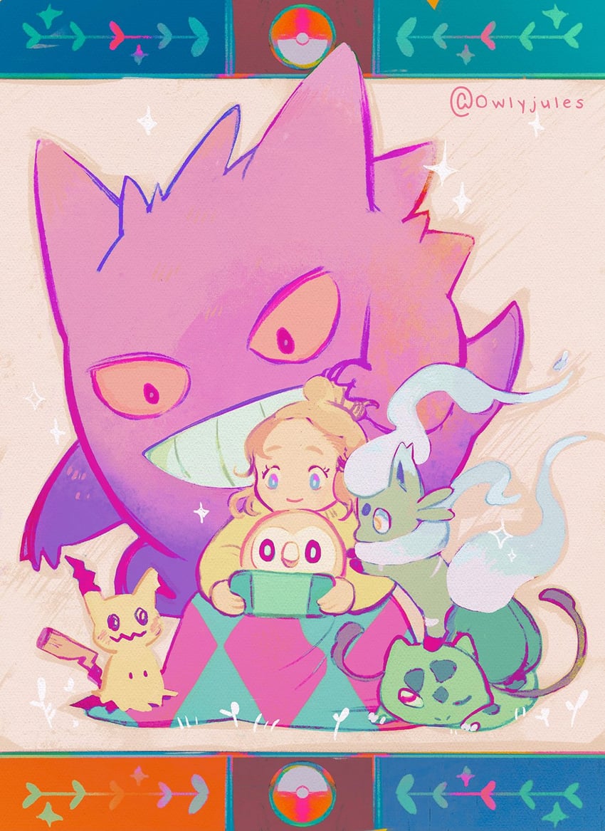 rowlet, gengar, bulbasaur, mimikyu, and hisuian zorua (pokemon) drawn by owlyjules