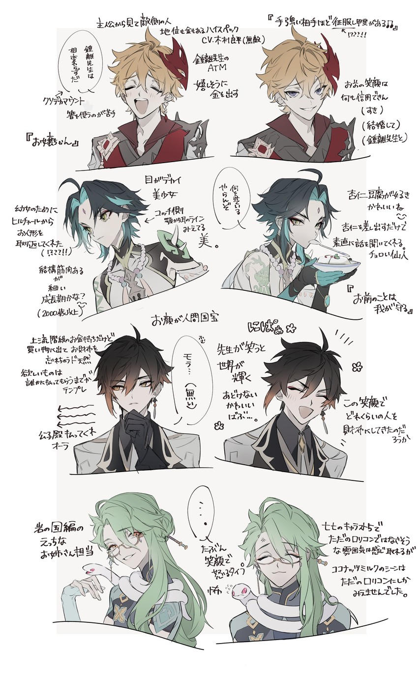 zhongli, tartaglia, xiao, baizhu, and changsheng (genshin impact) drawn by honeymilk0252