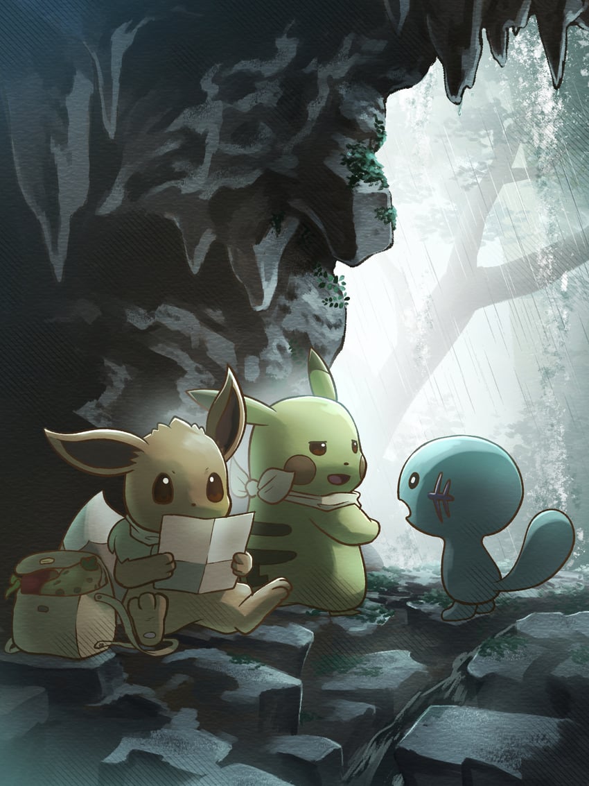 pikachu, eevee, and wooper (pokemon and 1 more) drawn by yamaori_(hakkentai_pokedan)