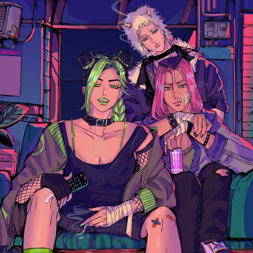 kujo jolyne, narciso anasui, and weather report (jojo no kimyou na bouken and 1 more) drawn by henoopd