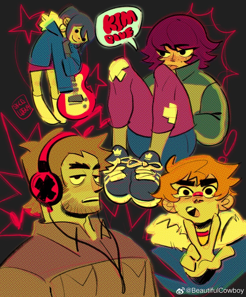 scott pilgrim, kim pine, knives chau, and stephen stills (scott pilgrim and 1 more) drawn by skcd_loen
