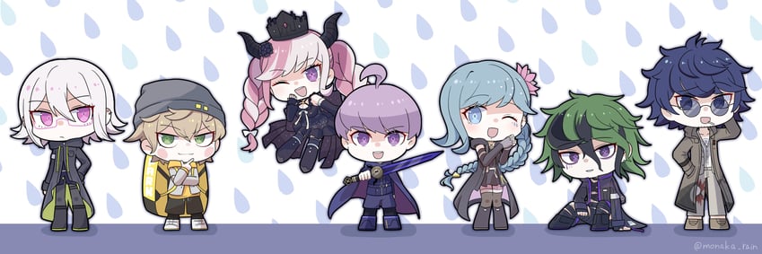 shinigami, yuma kokohead, halara nightmare, vivia twilight, desuhiko thunderbolt, and 2 more (master detective archives: rain code) drawn by monaka_(monaka_alola)