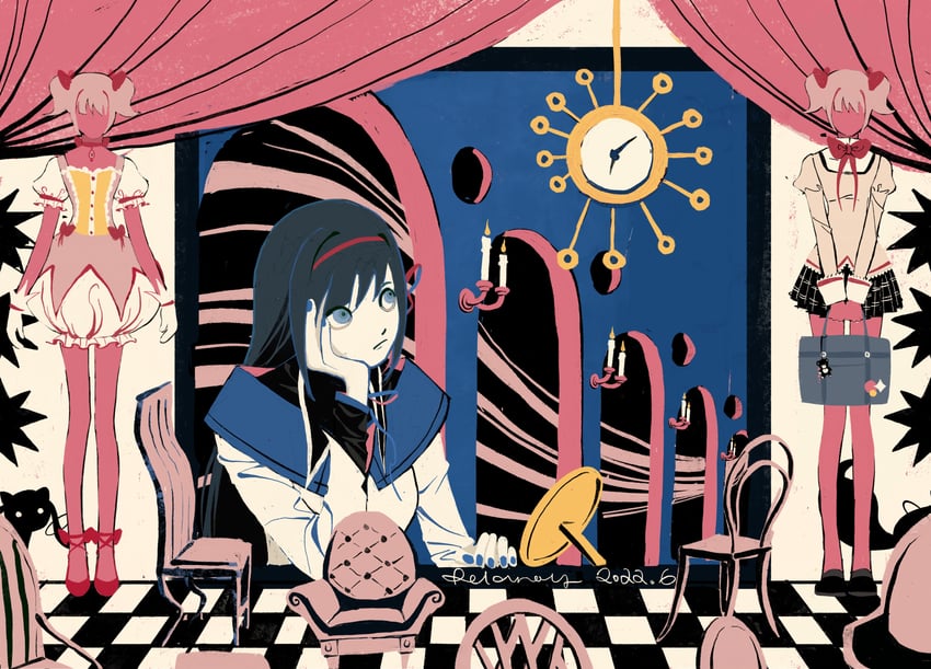 akemi homura, kaname madoka, and kyubey (mahou shoujo madoka magica) drawn by relanoy