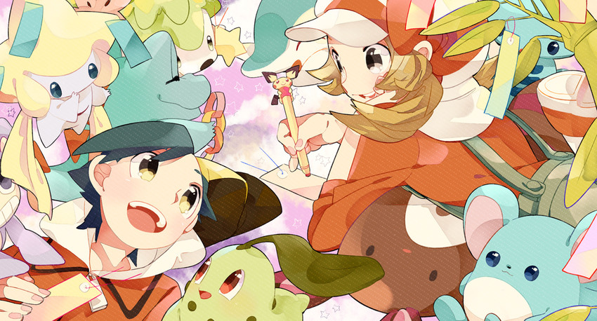 ethan, lyra, jirachi, chikorita, pichu, and 5 more (pokemon) drawn by hagiko