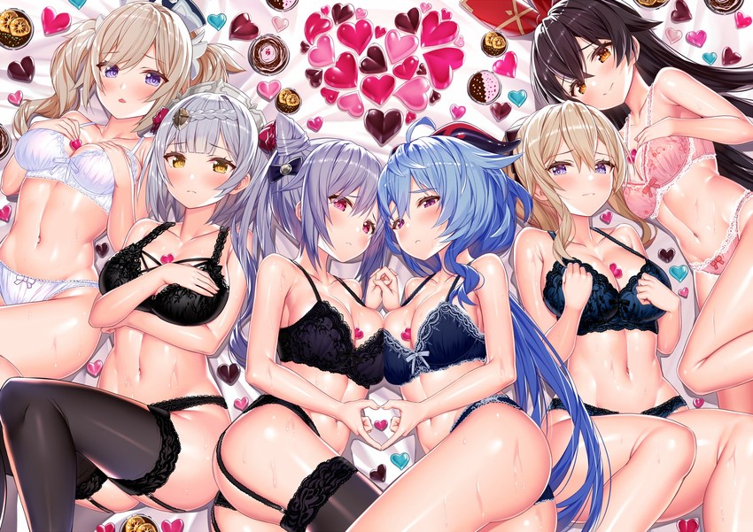 ganyu, keqing, barbara, jean, amber, and 1 more (genshin impact) drawn by akusema