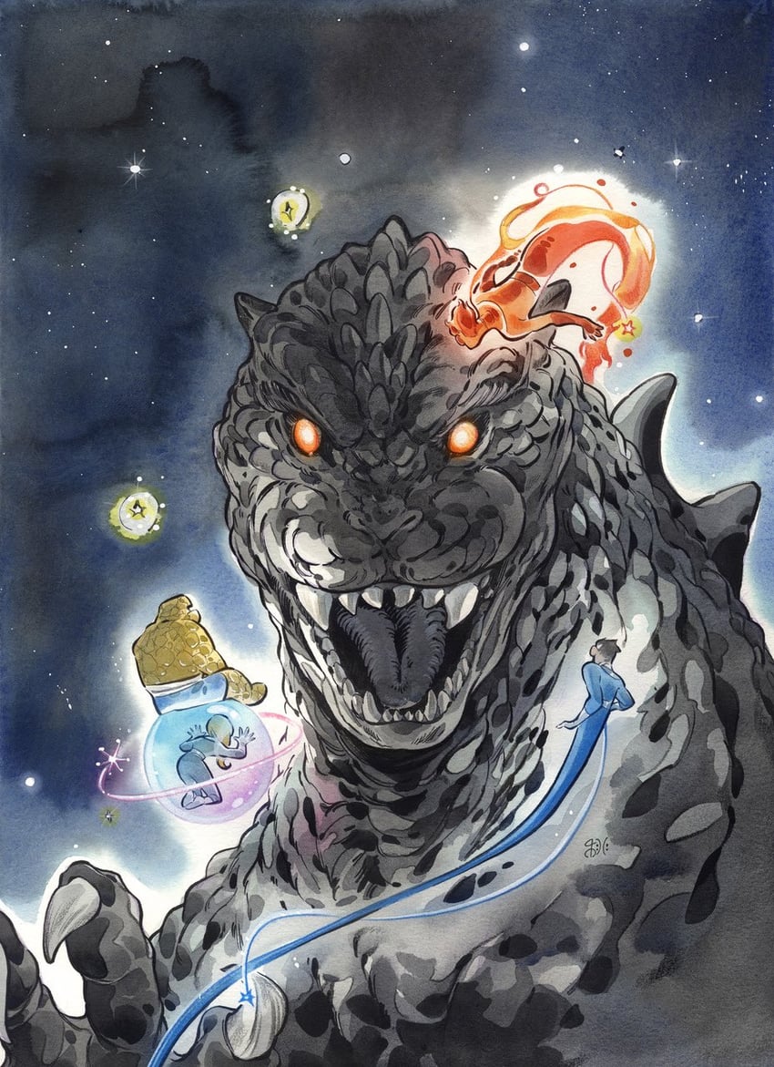 godzilla, sue storm, reed richards, johnny storm, and ben grimm (marvel and 2 more) drawn by peach_momoko