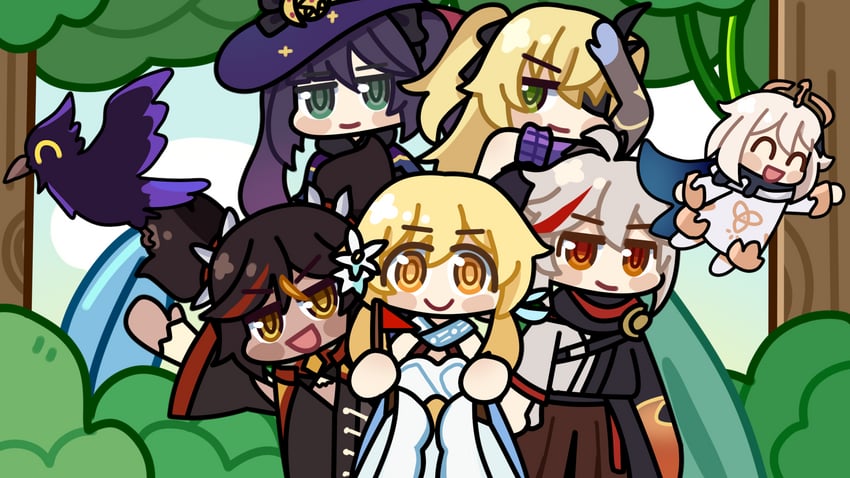 lumine, mona, paimon, kaedehara kazuha, fischl, and 2 more (genshin impact) drawn by youumijirei