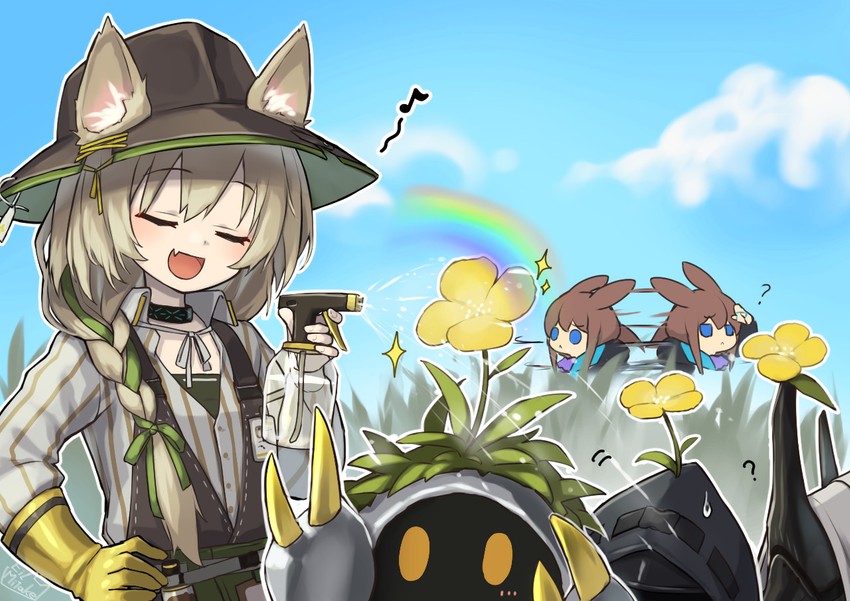 doctor, amiya, mudrock, beanstalk, and domesticated metal crab (arknights) drawn by mitake_eil