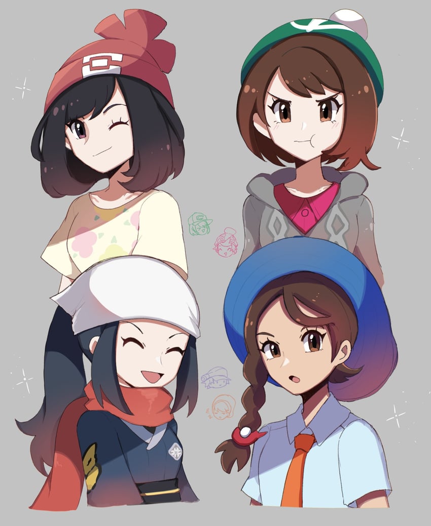 gloria, selene, akari, juliana, florian, and 3 more (pokemon and 4 more) drawn by touyarokii