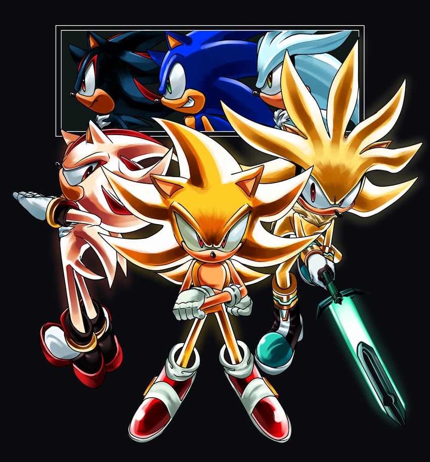 sonic the hedgehog, shadow the hedgehog, silver the hedgehog, super sonic, super shadow, and 1 more (sonic) drawn by spacedawgspace
