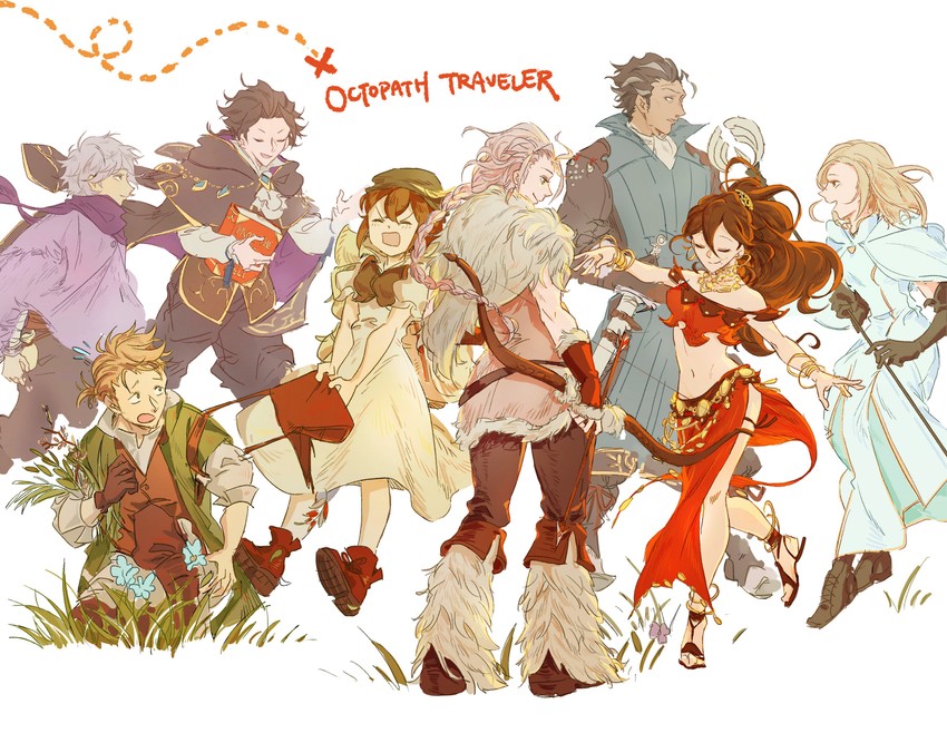 therion, tressa colzione, ophilia clement, primrose azelhart, cyrus albright, and 4 more (octopath traveler and 1 more) drawn by hahahashagi
