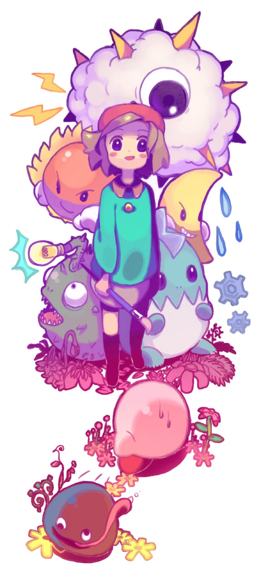 kirby, gooey, kracko, mr. bright, mr. shine, and 3 more (kirby and 1 more) drawn by popomi