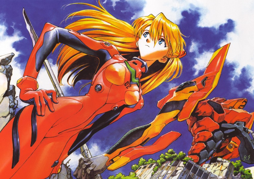 souryuu asuka langley and eva 02 (neon genesis evangelion) drawn by sadamoto_yoshiyuki