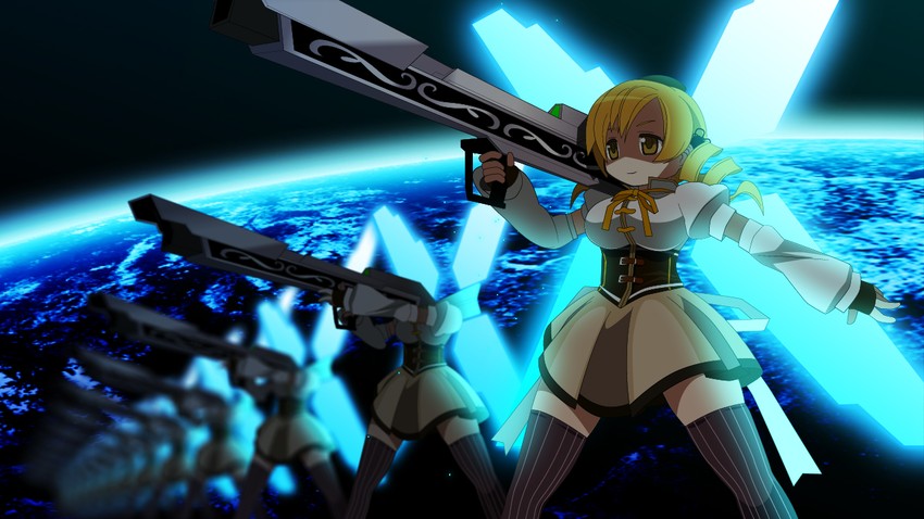 tomoe mami and gundam x (mahou shoujo madoka magica and 2 more) drawn by kuro_chairo_no_neko