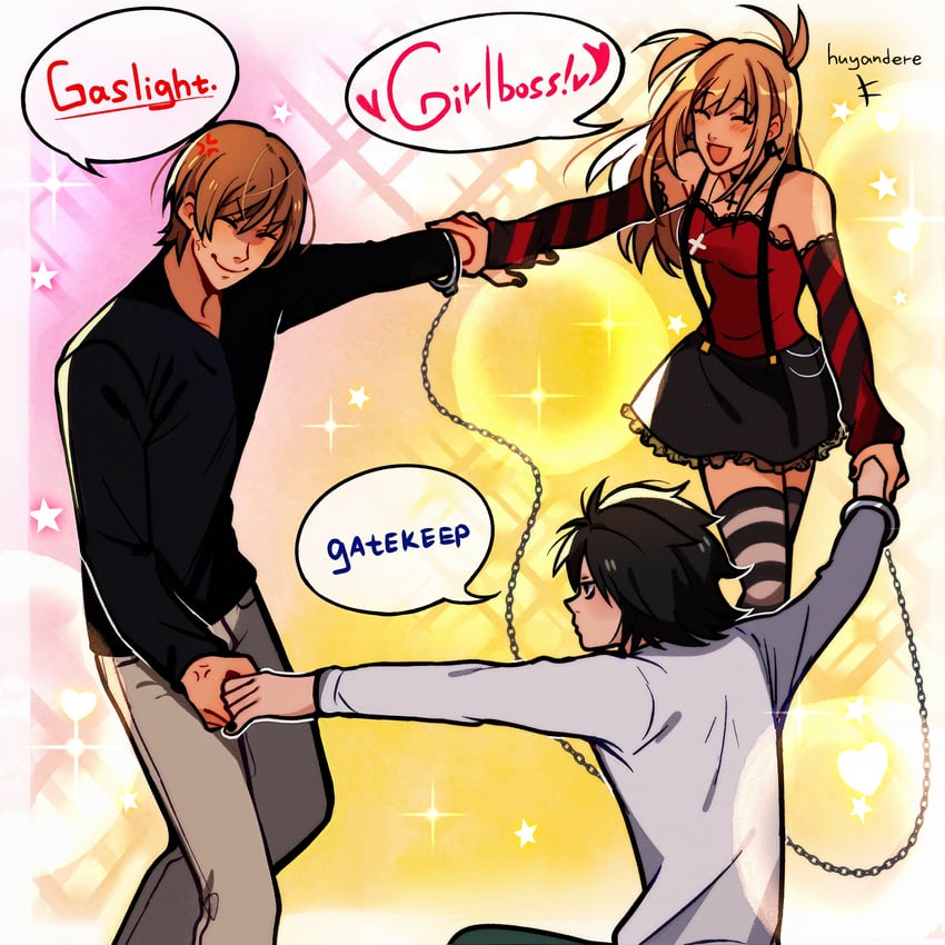 yagami light, l, and amane misa (death note) drawn by huyandere
