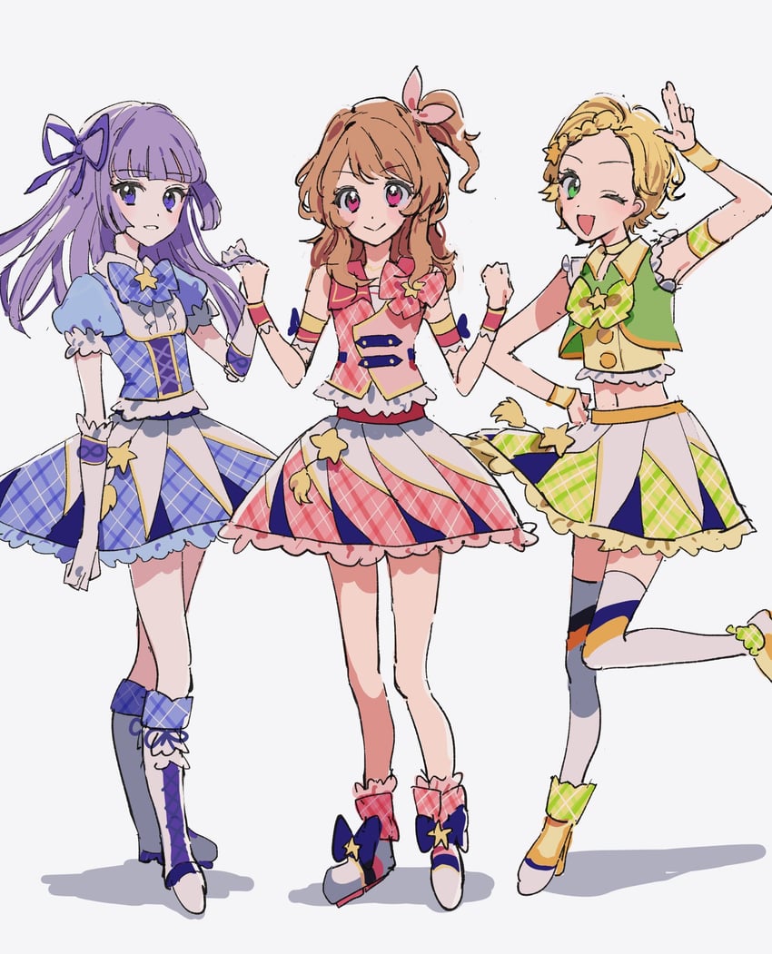 ozora akari, hikami sumire, and shinjo hinaki (aikatsu!) drawn by okomeiro