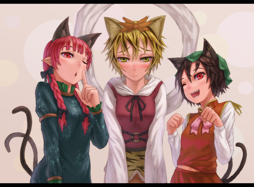 kaenbyou rin, chen, and toramaru shou (touhou) drawn by kurione_(zassou)