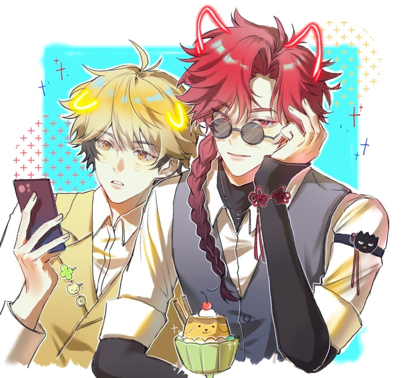 pompompurin, xia fei, xiao weiying, and badtz-maru (sanrio and 1 more) drawn by yishengys