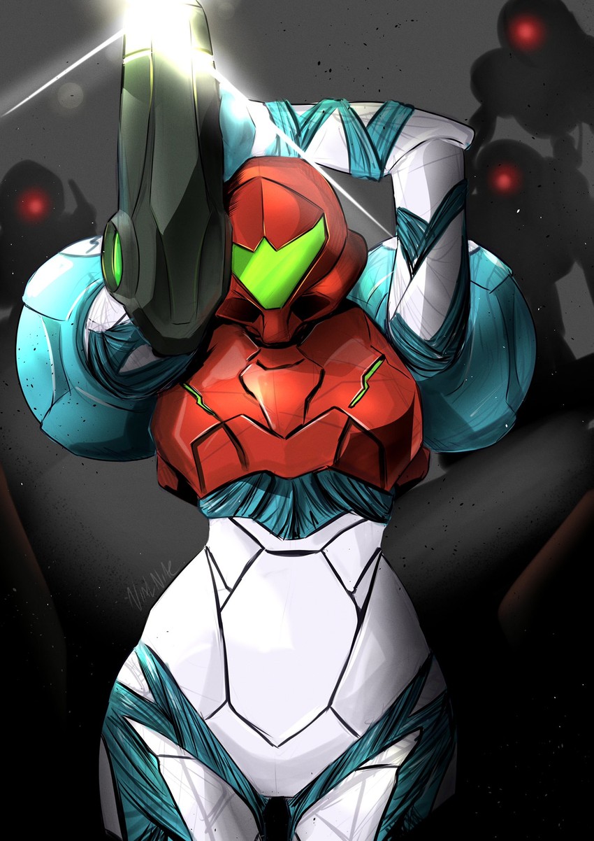 samus aran and e.m.m.i. (metroid and 1 more) drawn by vialnite