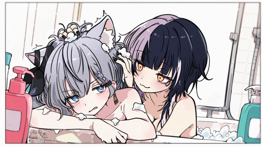 shiori novella and vestia zeta (hololive and 2 more) drawn by asami-chan