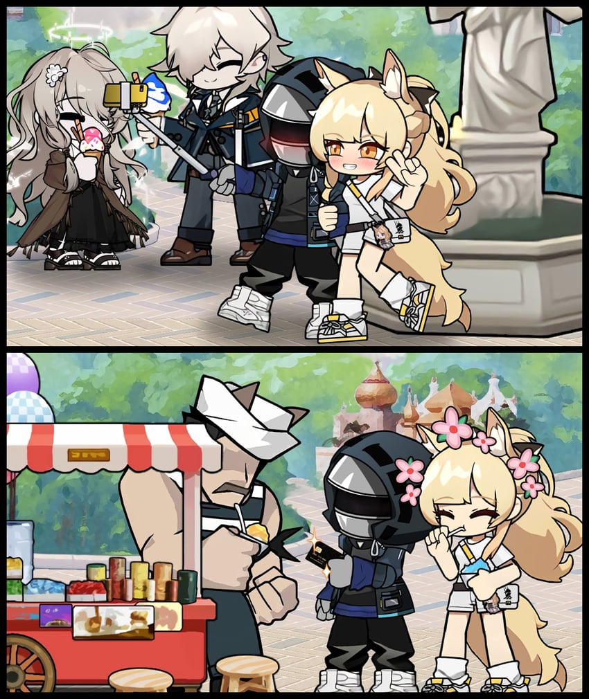 doctor, blemishine, enforcer, and cecelia (arknights) drawn by the_mad_mimic