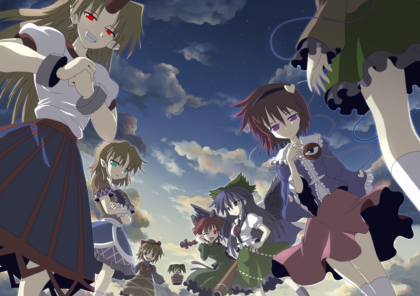 komeiji koishi, komeiji satori, kaenbyou rin, reiuji utsuho, mizuhashi parsee, and 3 more (touhou and 1 more) drawn by kurogarasu