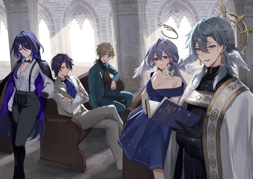 acheron, robin, aventurine, sunday, and dr. ratio (honkai and 1 more) drawn by asagizuisen