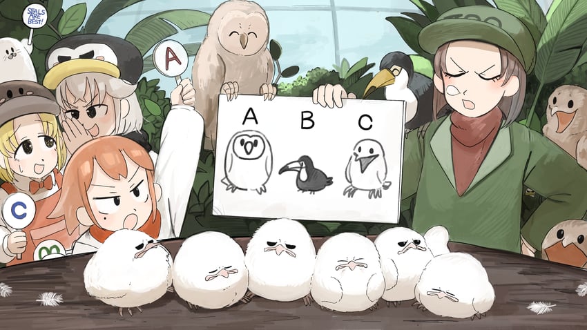 penguin keeper, penguin fan, lion shirt boy, and toucan keeper (zookeepers) drawn by diva_(hyxpk)