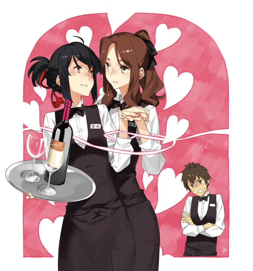 miyamizu mitsuha, tachibana taki, and okudera miki (kimi no na wa.) drawn by 92m