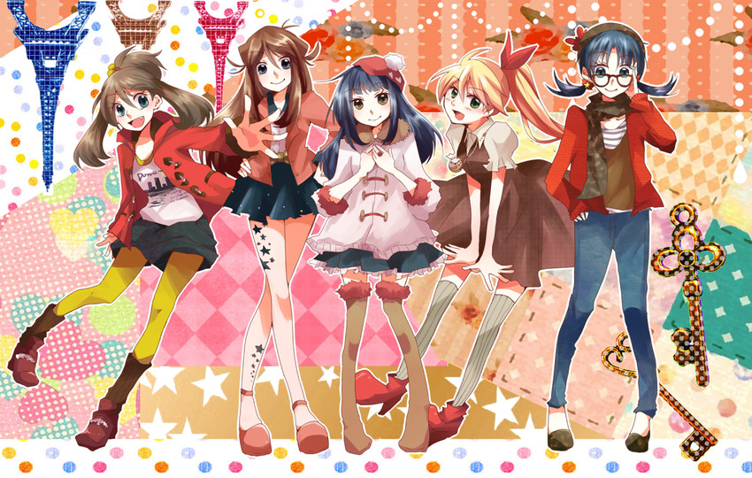 dawn, may, kris, green, and yellow (pokemon and 1 more) drawn by riku-tarou