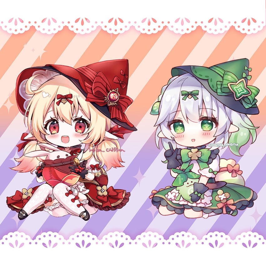 nahida, jumpy dumpty, aranara, and klee (genshin impact) drawn by moca_chiffon