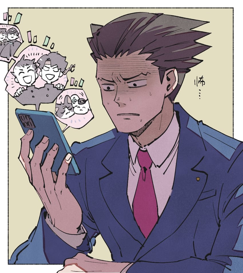 phoenix wright, ryunosuke naruhodo, kazuma asogi, chuunosuke, and nyasogi (ace attorney and 1 more) drawn by shino_(shino_dgs)