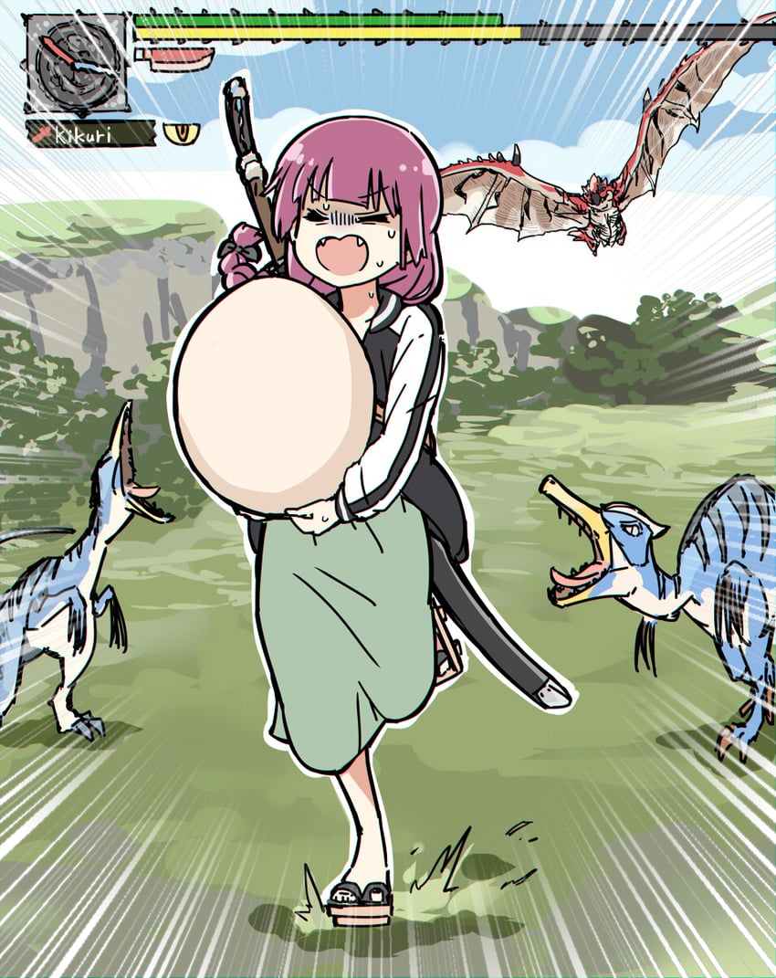 hiroi kikuri, rathalos, and velociprey (bocchi the rock! and 1 more) drawn by torako_(toramaru)