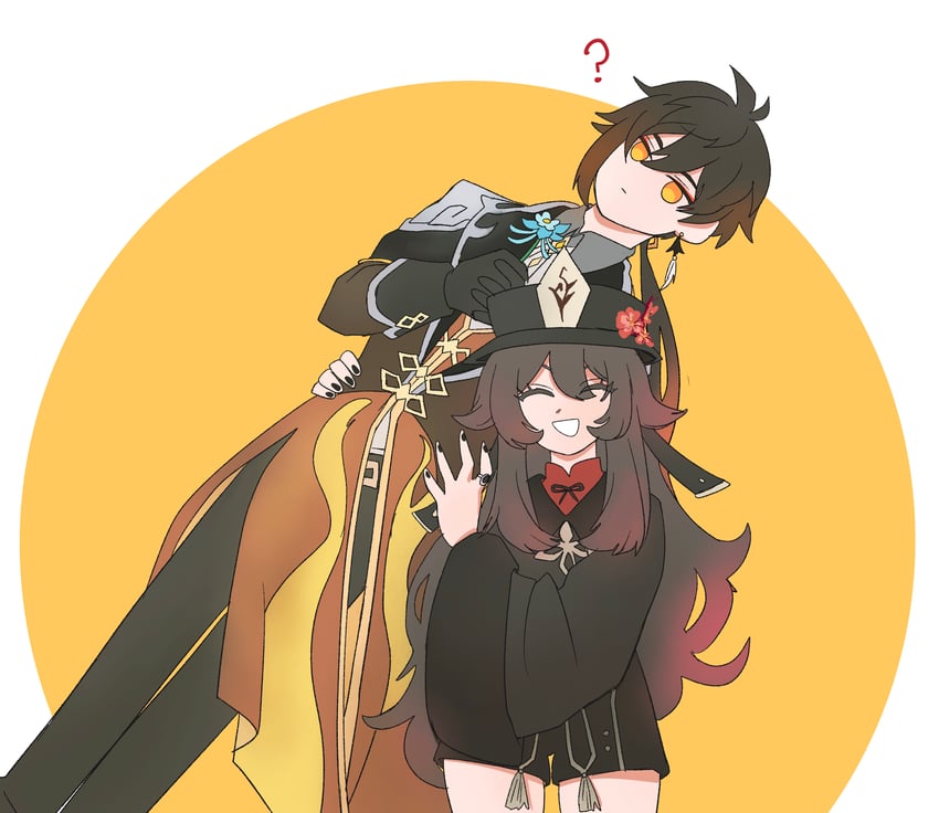 hu tao and zhongli (genshin impact) drawn by he_ze