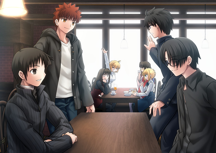artoria pendragon, saber, emiya shirou, arcueid brunestud, ryougi shiki, and 4 more (fate and 5 more) drawn by shoori_(migiha)