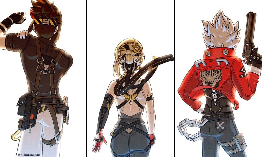 evelyn chevalier, billy kid, and anton ivanov (zenless zone zero) drawn by himuronanart